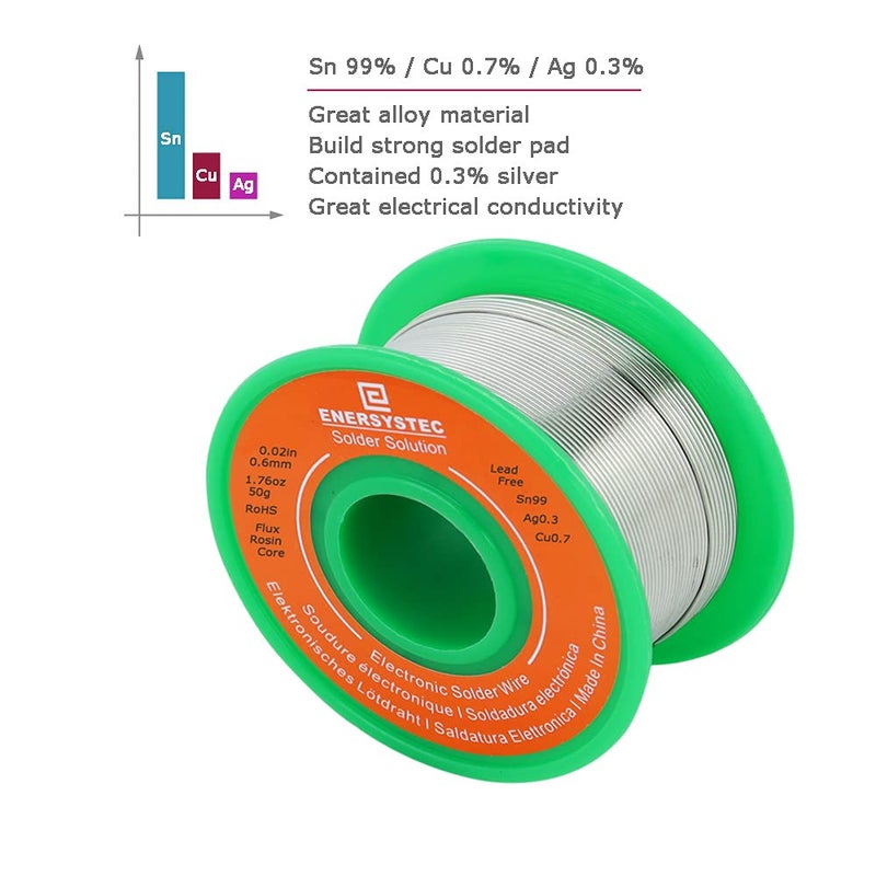 E ENERSYSTEC Solder Wire Rosin Core No Lead Wire Thin 0.6mm 50g Fine Solder with Flux 2.5 PB Free Sn99 Ag0.3 Cu0.7 Flow 0.11lb Electronics Soldering DIY Repair Tiny - Image 4